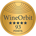 Gold circular WineOrbit award badge with stylized arc lines at top, “WineOrbit” text, five navy stars, and “93 POINTS” centered below.